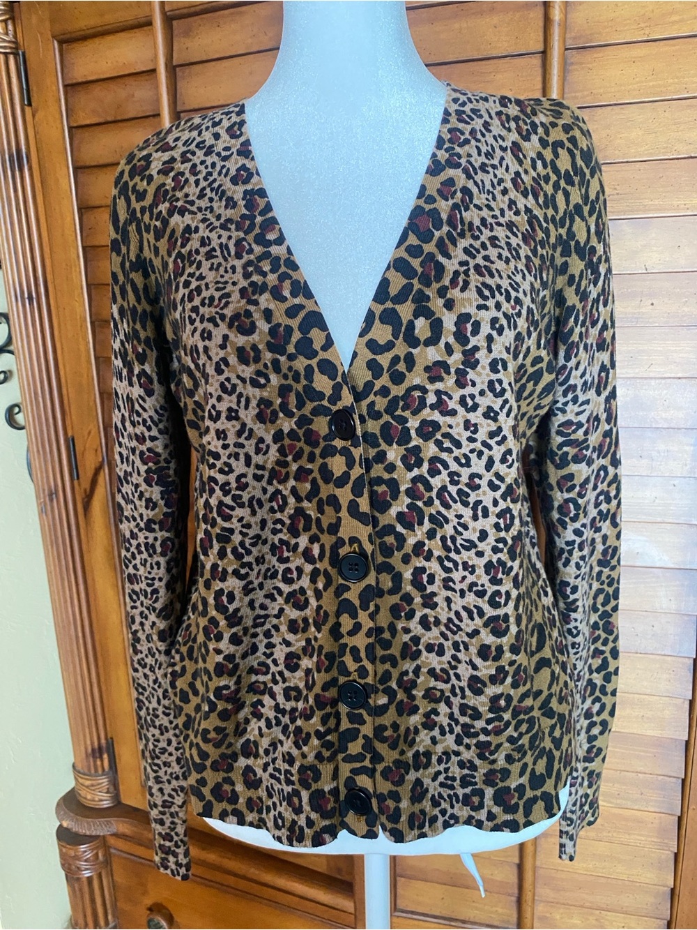 Talbots Leopard-Print V-Neck Sweater Cardigan - Brown & Black